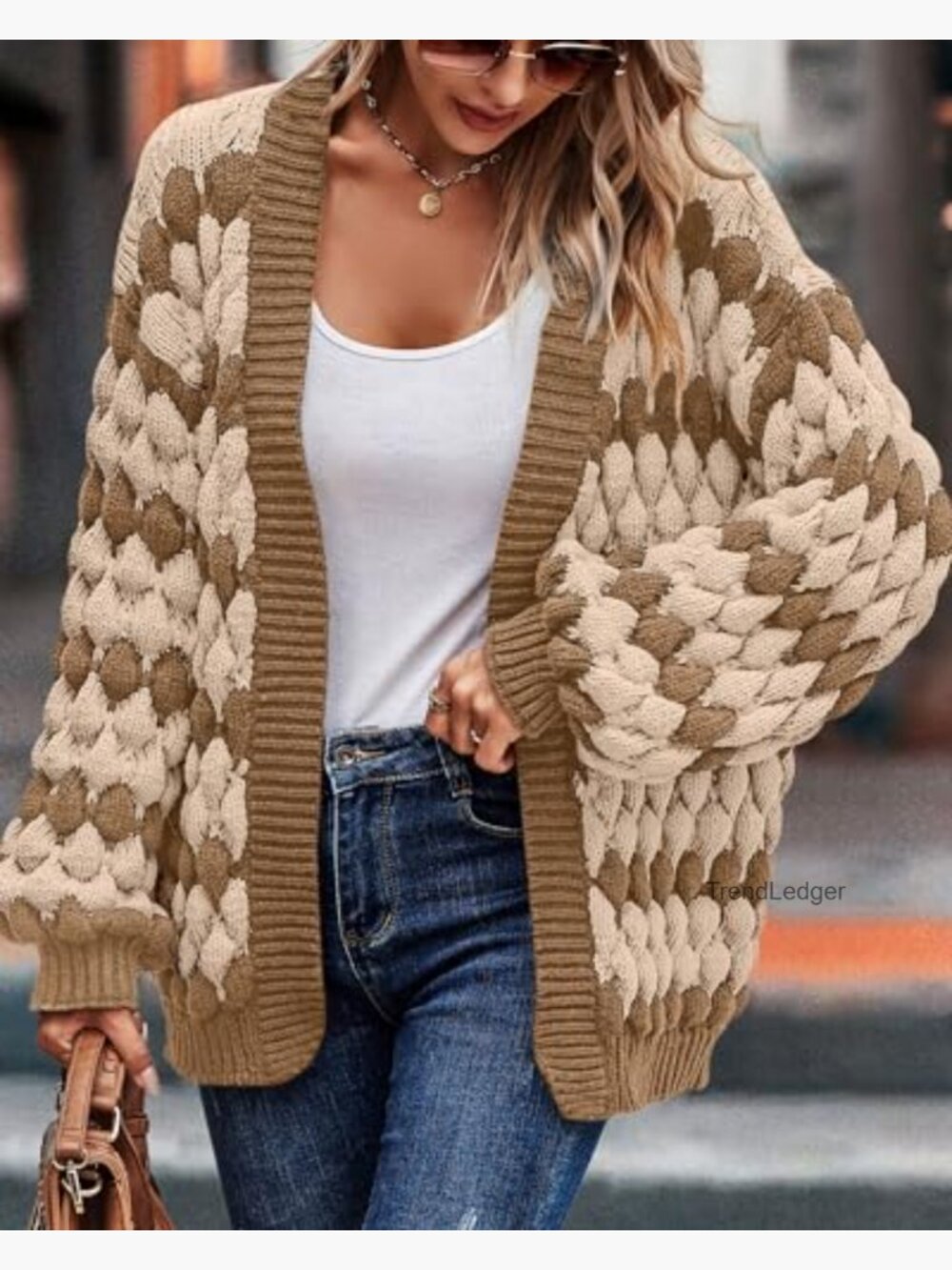 Chunky Cable Knit Lantern Sleeve Open Front Cardigan Sweater Coat - Picture 4 of 7